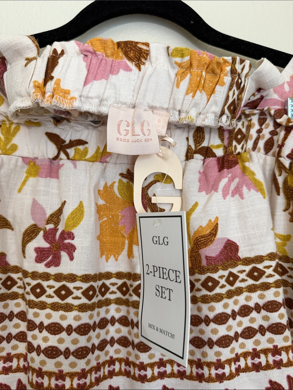 GLG Floral Linen Blend Bohocoastal Pink and Mustard Women’s S 2 Piece Pant Set - Picture 5 of 9